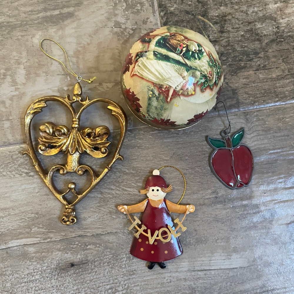 Vintage Christmas Tree Ornaments Lot Santa Girl Apple Heart Gold Decor Vtg Retro